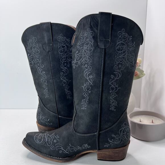 Roper Riley Scroll Embroidered Snip Toe Cowboy Western Boots Black Womens 10.5 - Picture 6 of 10